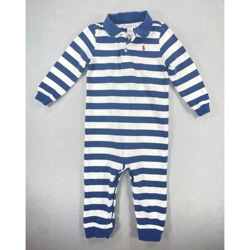 Ralph Lauren Baby Boy Cotton Piqué Polo Coverall Blue Stripe 18M
